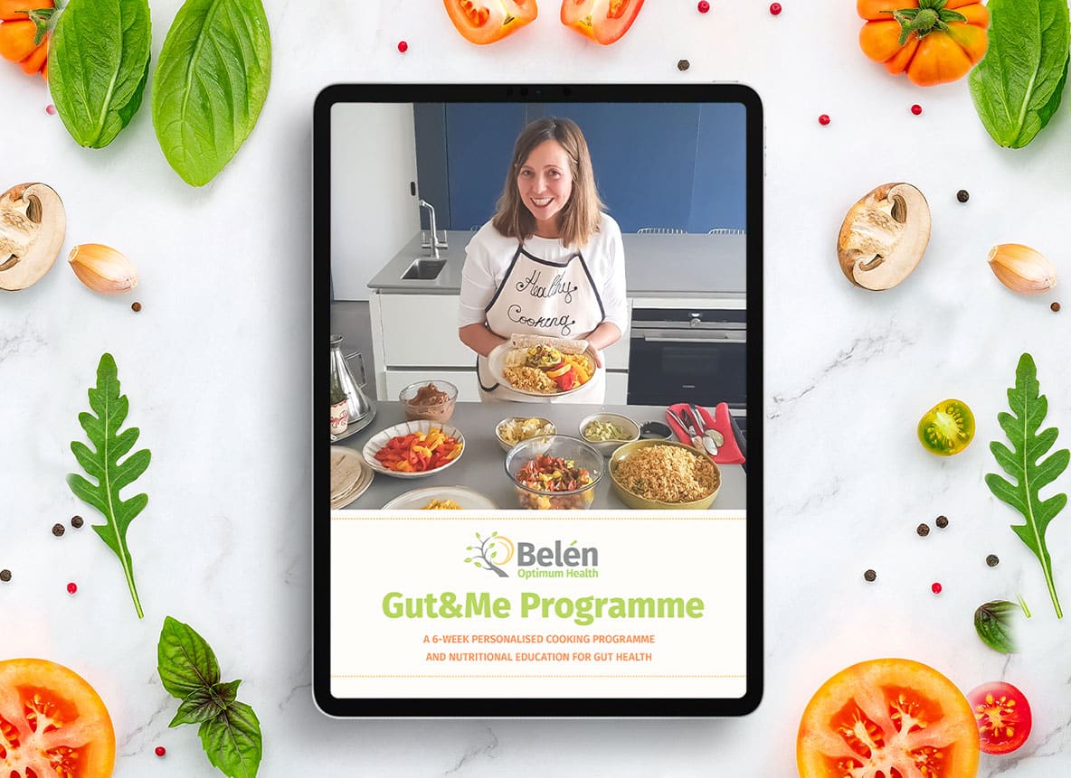 online gut health programme, title screen with Belen smiling